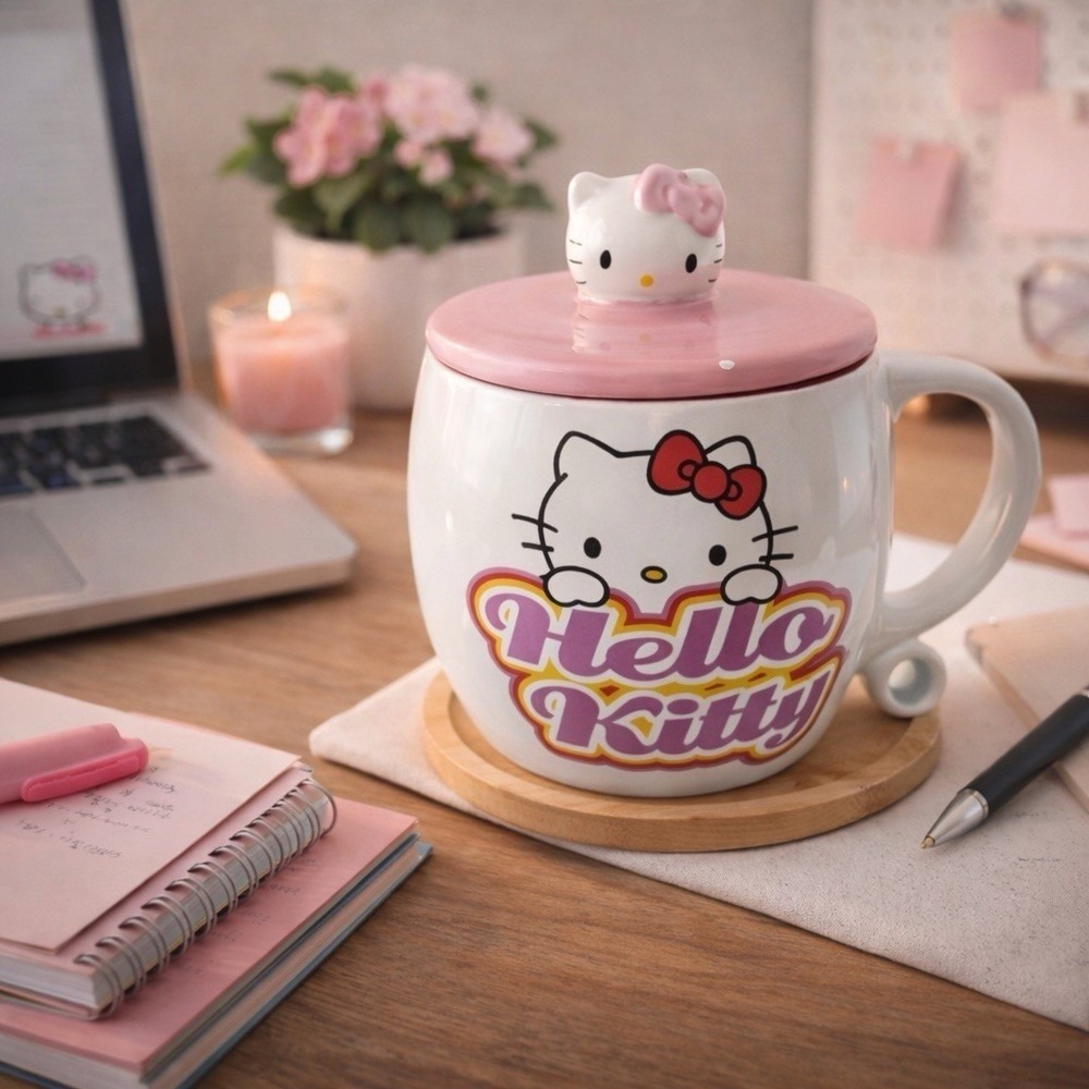 Hello‎ Kitty Lidded Ceramic Mug 16 oz Pink Lid Sanrio Silver Buffalo 2022